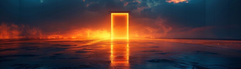 A glowing doorway filled with sacred radiance, symbolizing achievement, the first light of dawn, capturing a breathtaking panoramic view.