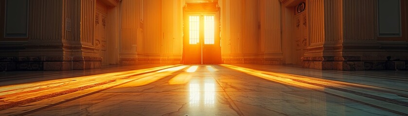 A glowing doorway filled with sacred radiance, symbolizing achievement, the first light of dawn,...