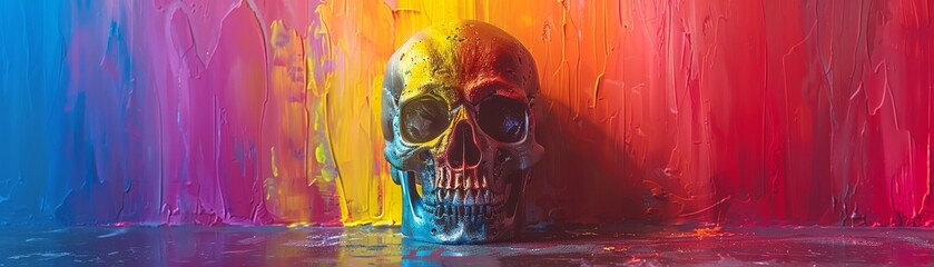 A colorful rainbow encircling a human skull