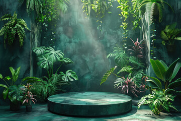Green marble podium for product presentation with tropical plants and sunlight on the wall 3d rendering, detailed illustration. Created with Ai