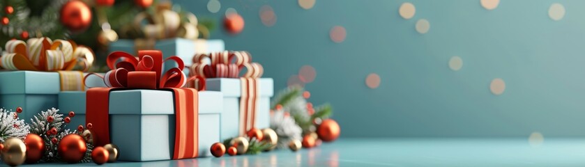 Create a digital simulation of colorful present boxes within a computer-generated environment - obrazy, fototapety, plakaty