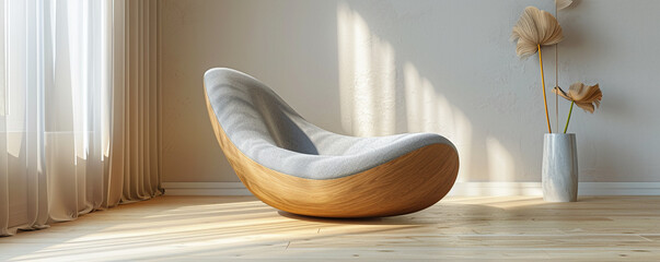  A minimalist chair made of light wood and soft linen - obrazy, fototapety, plakaty