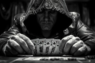 Wrapped in darkness, the gambler's gaze sparkles with mischief as they mix the cards. - obrazy, fototapety, plakaty