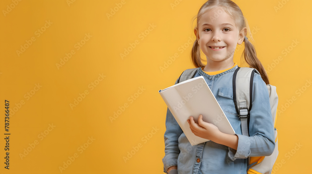 Aufkleber study and technologies smiling little schoolgirl holding paper book and digital tablet happy cute pr
