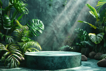 A tropical rainforest background with lush green leaves and plants, creating an enchanting setting for product display podiums. Created with Ai