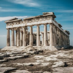 A stunningly photo featuring a classic Greek architecture theme. Background showcases a panoramic view of ancient Greek columns and buildings, with a beautiful sunset casting warm hues over the scene