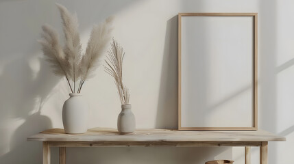 Vertical wooden frame mockup for artwork photo print and painting presentation Black and beige vases with dry grass on wooden bench table Elegant boho living room interior White wall d : Generative AI