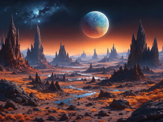 A desert landscape with a large planet, set against a dark sky. The desert appears to be barren, with a river running through it.