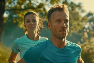 close up of A white European man and woman doing a morning jog, run, 