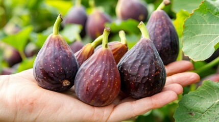 Hand holding ripe fig with selective focus on blurred background, ideal for text placement