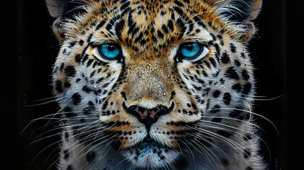 Obraz premium Leopard, blue eyes, feline, predator, wildcat, spotted coat, carnivore, stealthy, agile, majestic, hunter, camouflage, savannah, Africa, jungle, rosettes, whiskers, claws, paws, ambush, nocturnal