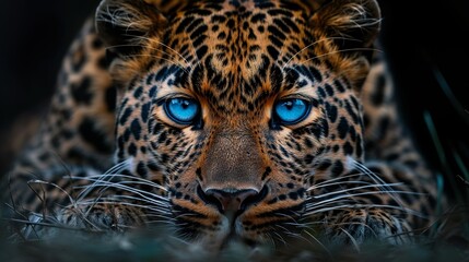 Fototapeta premium Leopard, blue eyes, feline, predator, wildcat, spotted coat, carnivore, stealthy, agile, majestic, hunter, camouflage, savannah, Africa, jungle, rosettes, whiskers, claws, paws, ambush, nocturnal