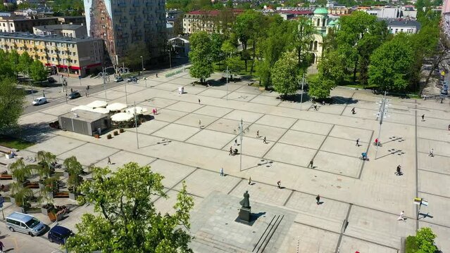 Aerial view of the center of Czestochowa. Bieganski Square