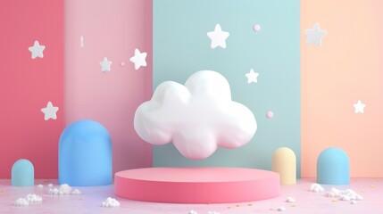 cute white cloud shape stage with stars element on sweet colorful pastel wall and pink floor 