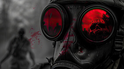 angled close up photo of red lens in a black gas mask of an armed service man on the lens there is a reflection of zombie palms hands and zombies  - obrazy, fototapety, plakaty