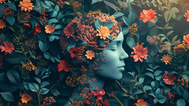 Human head with brain and tropical flowers on grunge background
