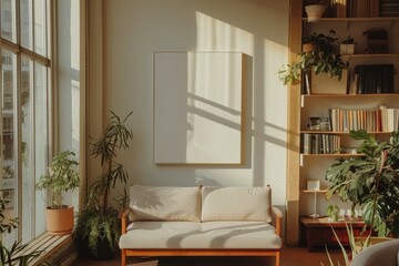Fototapeta premium empty blank white vertical poster mockup at the wall.