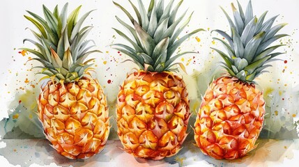 Watercolor painting of pineapple fruit on abstract watercolor background.