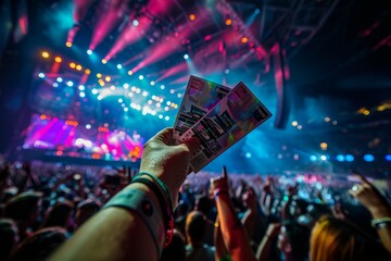 Concertgoer Holding Tickets with Stage Lights in Background
