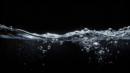 Water surface and empty space for text on black background, less bubbles closeup slow motion - obrazy, fototapety, plakaty
