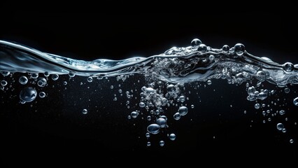Water surface and empty space for text on black background, less bubbles closeup slow motion