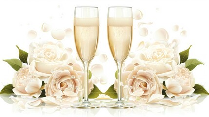 glamorous vector style, bridal flowers and champagne glasses
