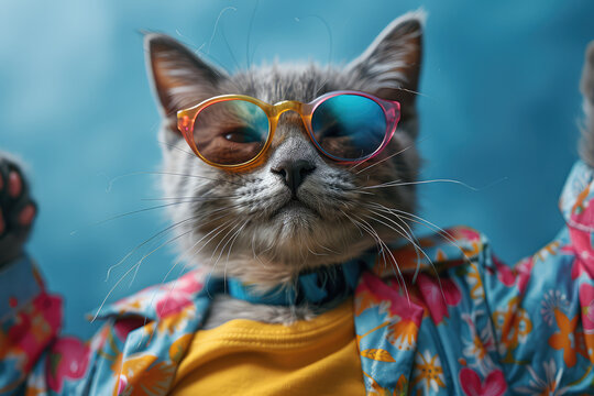 A cute cat wearing sunglasses and fashionable , holding up her hand to take photos in front of the camera. Created with Ai