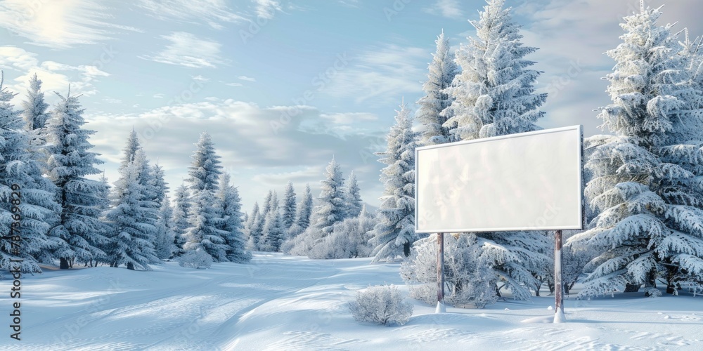 Aufkleber a snowy landscape with evergreen trees and a blank sign for adding winter messages.