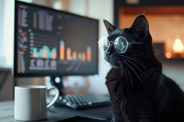 A black cat with glasses in front of a computer screen displaying financial charts