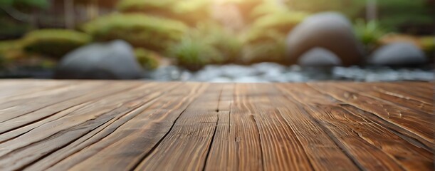 Empty wood table top with abstract blur park garden background
