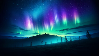 A breathtaking natural scenery of the Northern Lights, featuring vibrant colors like green, purple, and blue dancing across the sky