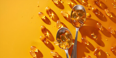 Fish Oil Capsules on Orange Background with Spoons