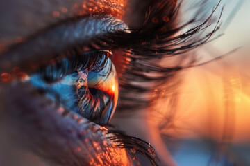 Close-up of a human eye with cityscape reflection