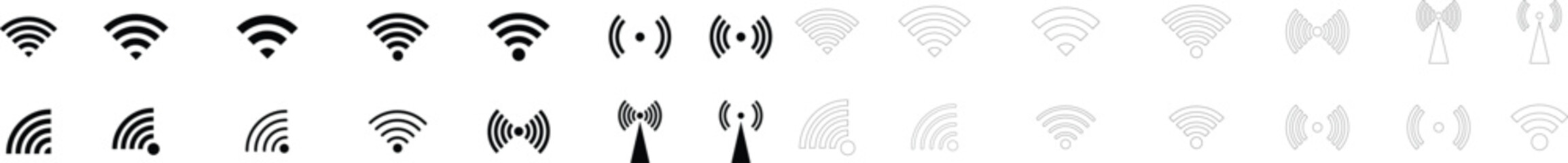 WiFi wireless internet signal line flat icon symbol set. Connect of network collection. Bar of satellites for mobile, radio, computer. Hotpot, strength electronic wave from antenna for communication.