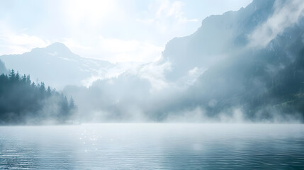 Fototapeta premium Fog above the the Lake Bluntausee in front of Mountains of the Alps Mountains in Salzbuger Land Austria Europe : Generative AI