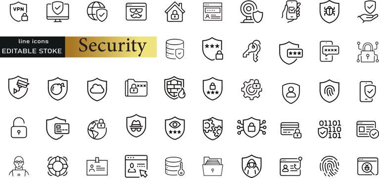 Security line icons set. Security outline icons with editable stroke collection. Includes Fingerprint, Firewall, Cyber Security, Protection, Secure Payment