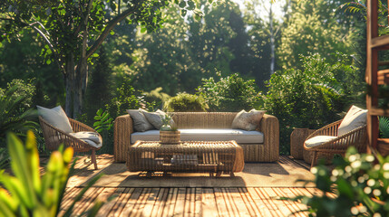A rattan patio set including a sofa a table