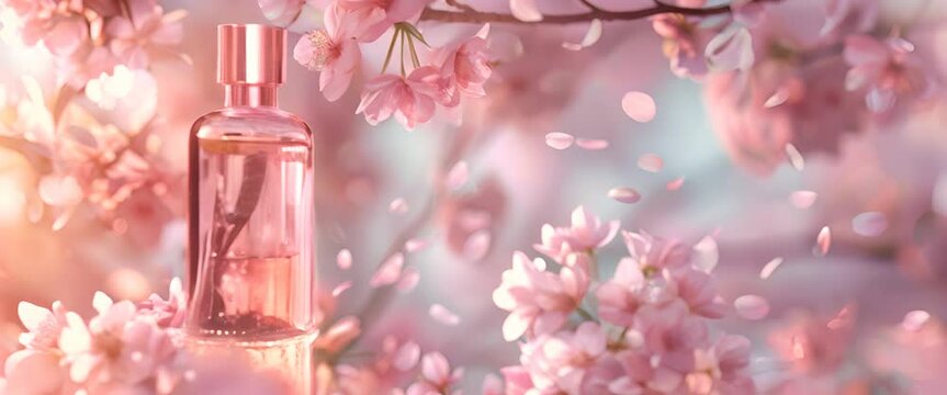 Designer fragrance vial, Japanese cherry blossoms, soft pinks and spring aura, photorealistic