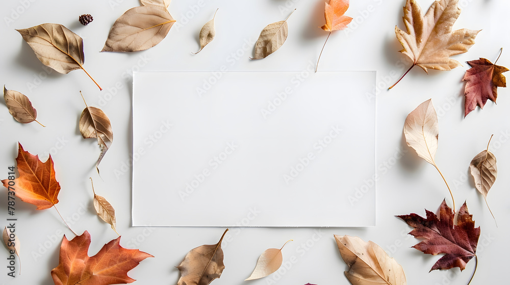 Aufkleber Autumn composition with paper blank and dried leaves on table Flat lay top view copy space : Generative AI