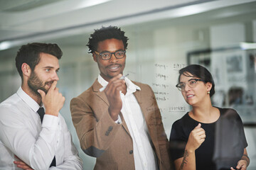 Business people, thinking and teamwork on glass with brainstorming ideas for project workflow....