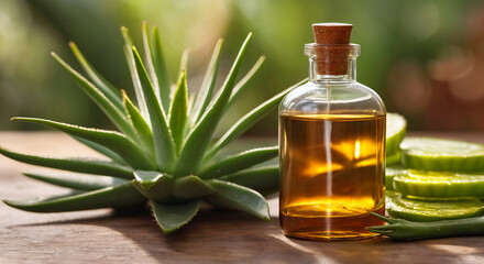 Glass bottles with aloe vera essential oil on green background with aloe leaves. Natural cosmetics, skin care, spa treatment