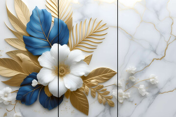 Home panel wall art three panels, golden, white and blue marble with golden, white flowers and leaves and feather silhouette