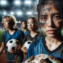 European women footballers, in dirty clothes, surrounded by their female teammates.