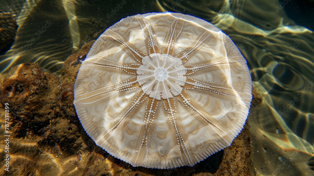 Poster sand dollar with intricate patterns on rocky seabed illuminated by natural light