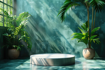 A tropical green podium scene with plants and steam rising from an empty hot tub, surrounded by foliage and concrete walls. Created with Ai