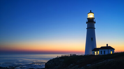 Stately lighthouse illuminating the dusk sky over tranquil coastal waters
