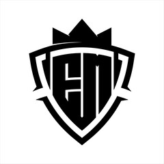 EM Letter bold monogram triangle curve shield shape with crown black and white background color design