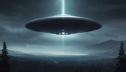 Foto op Plexiglas World UFO Day. Ufologist's Day. Unidentified flying object. UFOs on earth © Vladislav