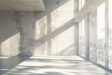 Sunlight casting shadows in a spacious, minimalist interior with concrete walls and large windows, evoking calm and simplicity. - obrazy, fototapety, plakaty