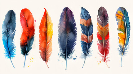 Set of bird feathers on a transparent background, generative Ai